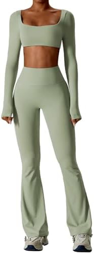 ABOCIW Workout Sets for Women 2 Piece Square Neck Long Sleeve Crop Tops High Waist Flared Legging... | Amazon (US)