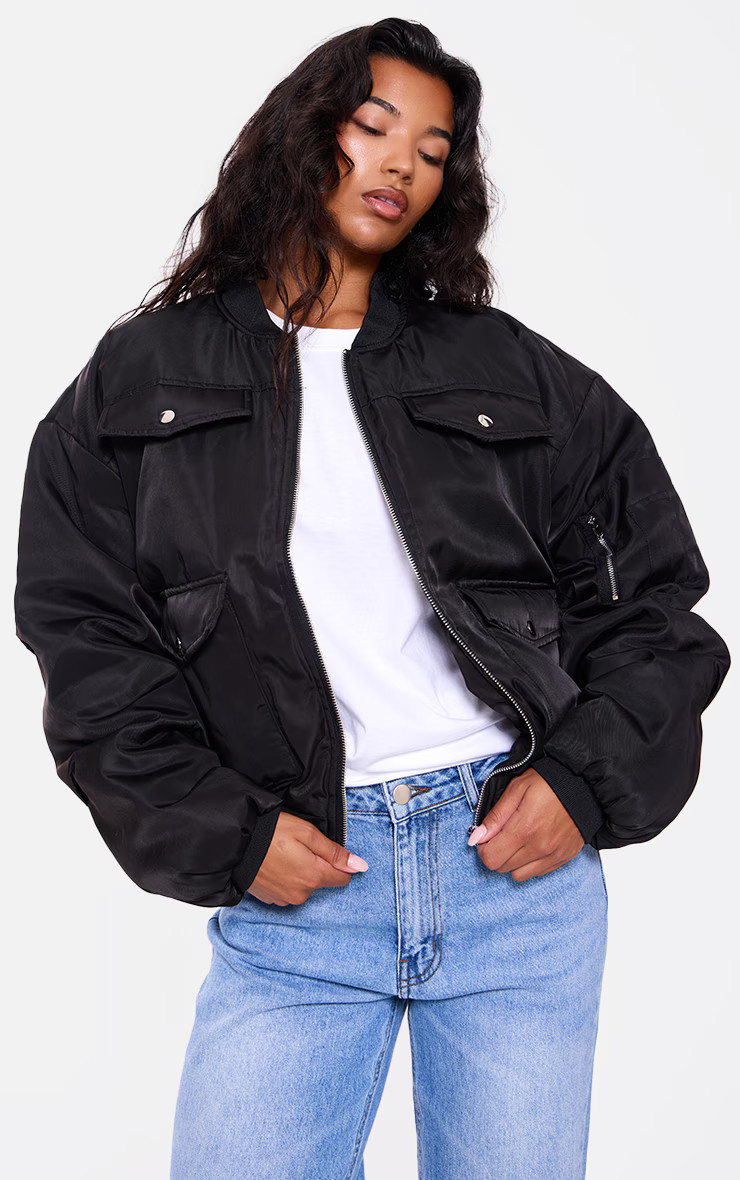 Black Oversized Bomber Jacket | PrettyLittleThing US