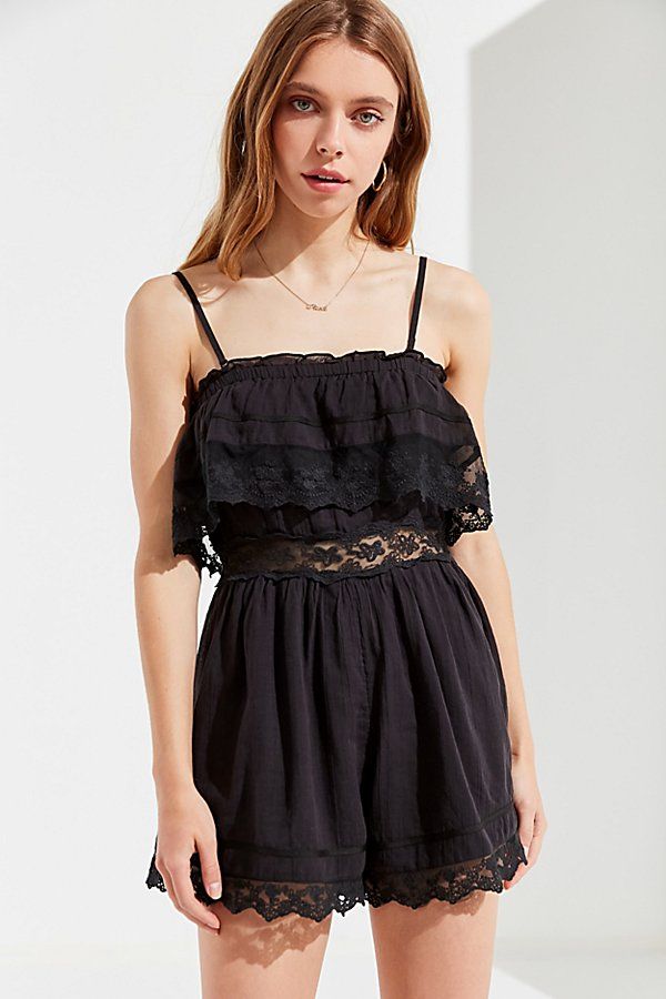 UO Santucci Tiered Lace Romper - Black XS at Urban Outfitters | Urban Outfitters (US and RoW)