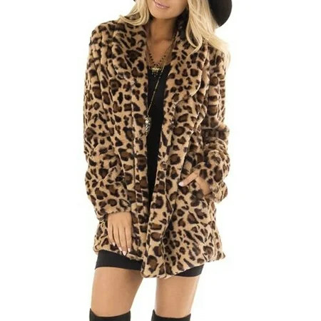 LEBONYARD Womens Oversized Leopard Pocket Coat Outerwear | Walmart (US)