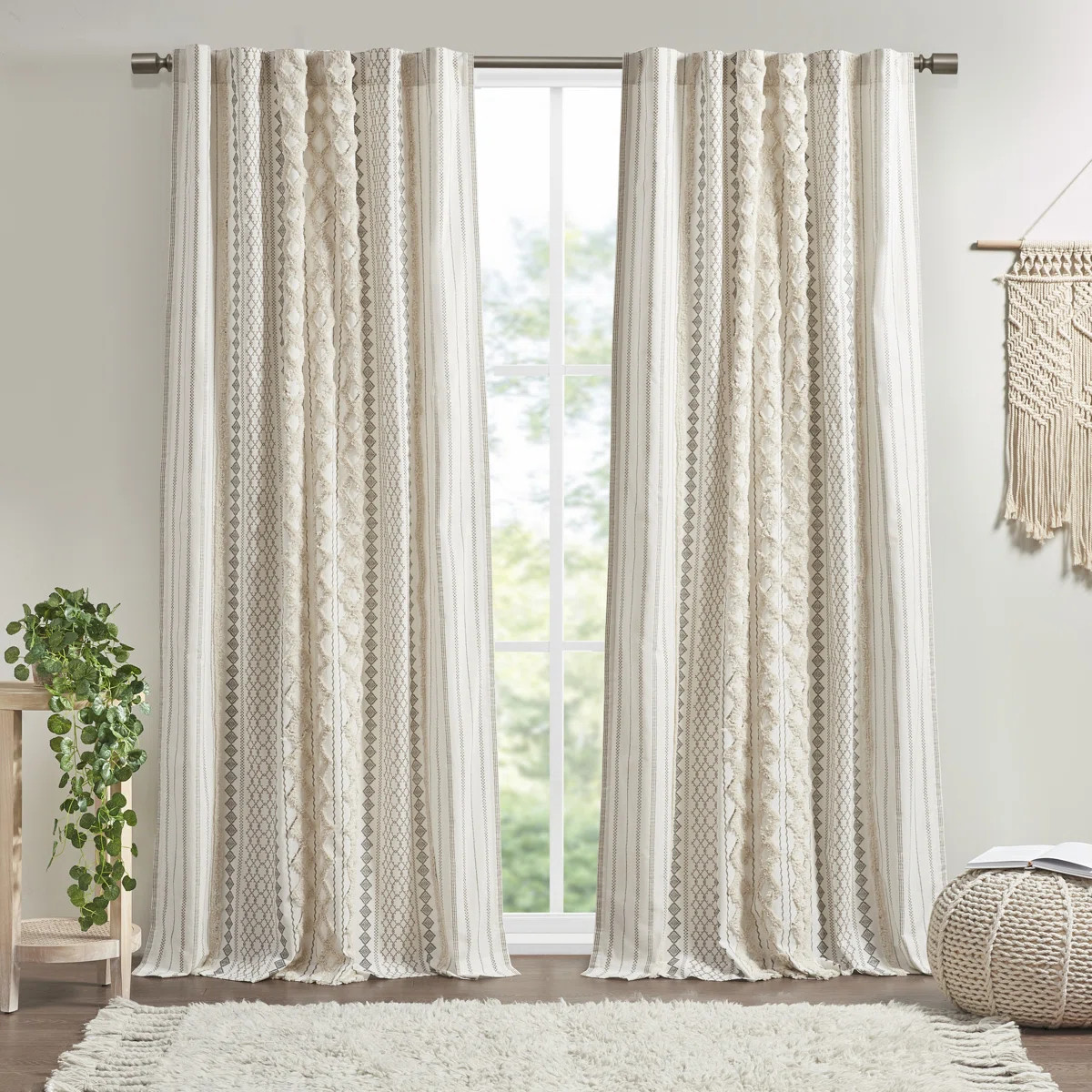Imani 100% Cotton Printed Boho Single Curtain Panel with Tufted Chenille Stripe and Lining | Wayfair North America
