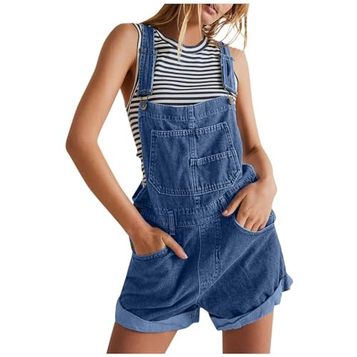 Denim Overalls For Women 2024 Sleeveless Classic Cuffed Hem Adjustable Shorts Rompers Casual Loose Fit Fashion Low Back Bib Jeans Shortalls Outfits With Pockets(A-Dark Blue,Small) | Amazon (US)