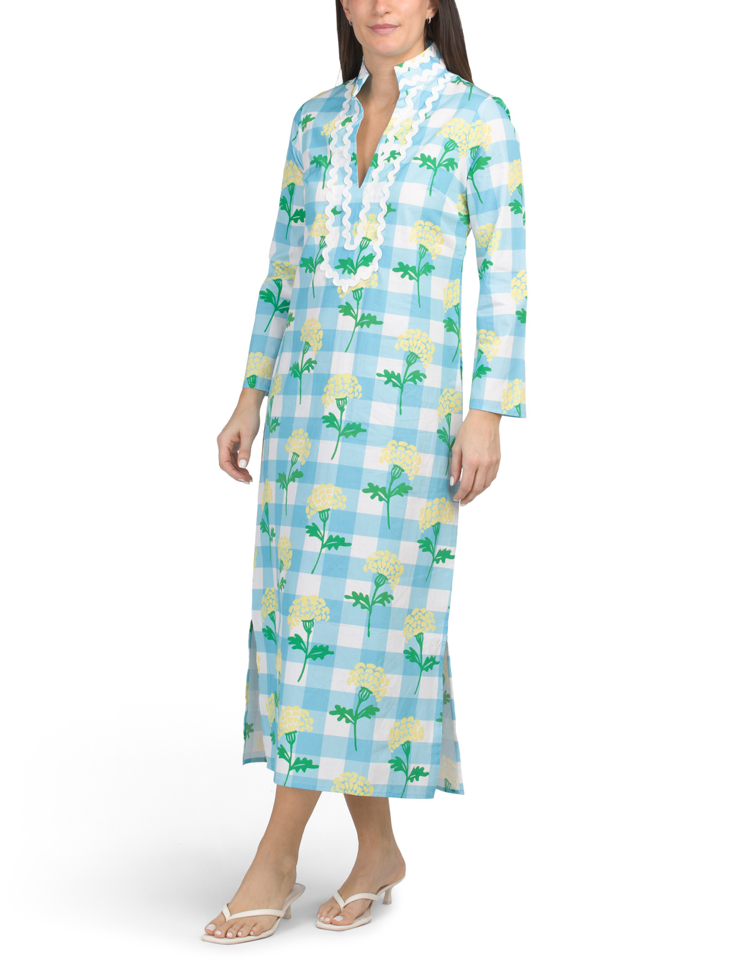Long Sleeve Classic Gingham Floral Print Caftan | Casual Dresses  | Marshalls | Marshalls