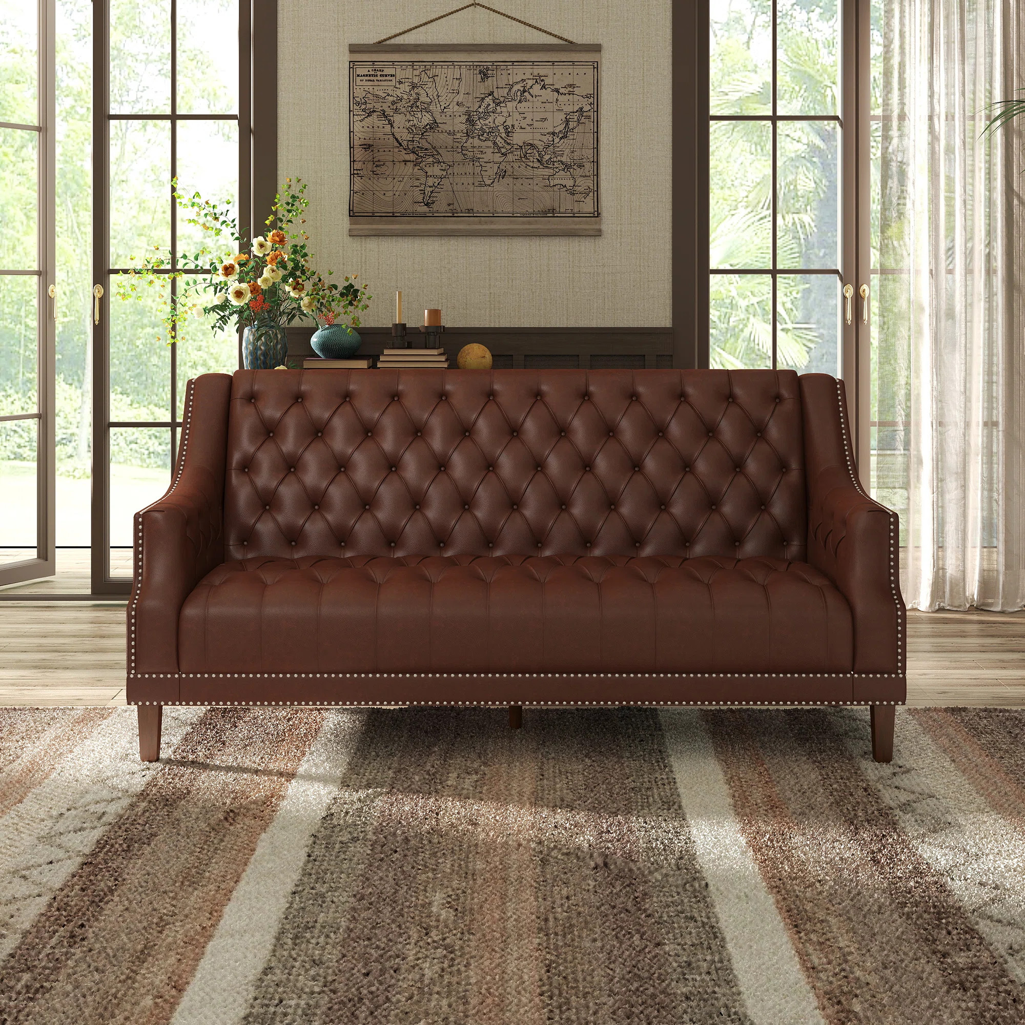 Mid Century Faux Leather Sofa With Solid Wood Legs, Tufted Button Back Sofa For Bedroom/Lliving R... | Wayfair North America