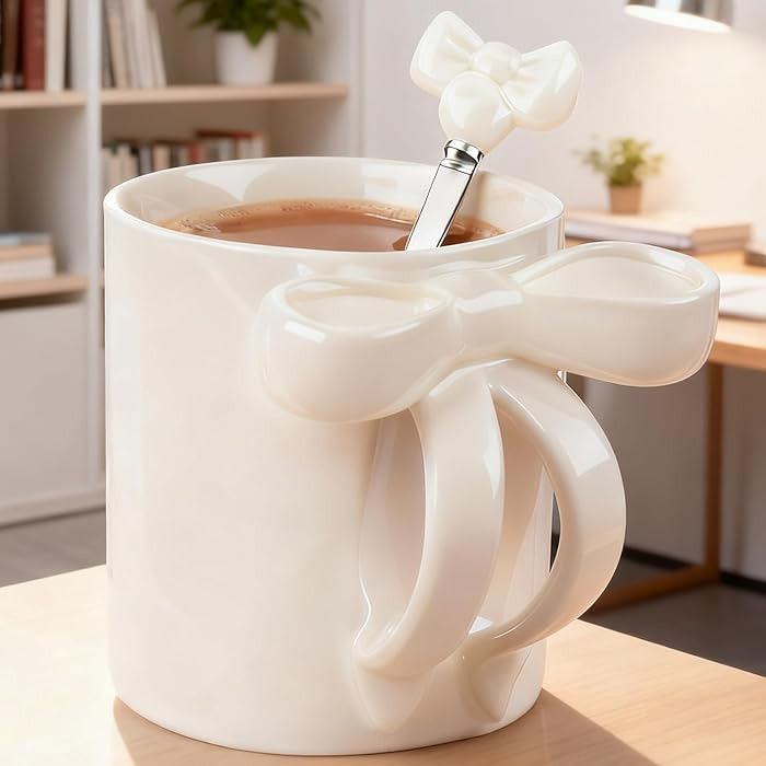 12 OZ Bow White Coffee Mug Ceramic Coffee Cup Coquette Porcelain Tea Cup Bow Cute Mug for Women G... | Amazon (US)