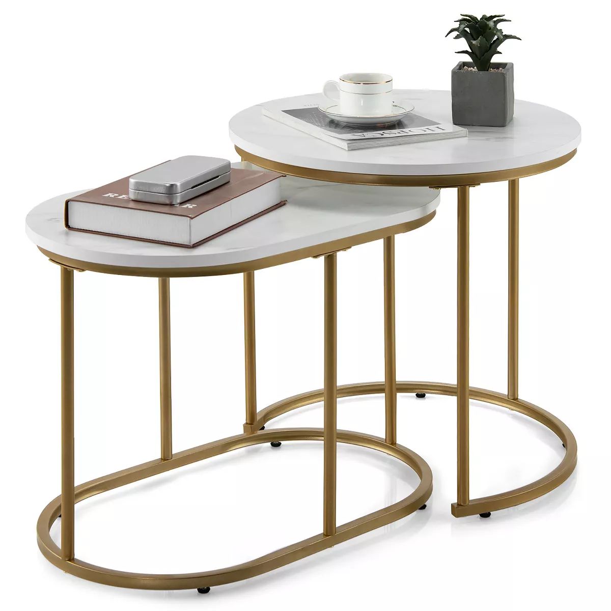 Costway Nesting Coffee Table Modern Set of 2 Marble Coffee Side Table Set Living Room | Target