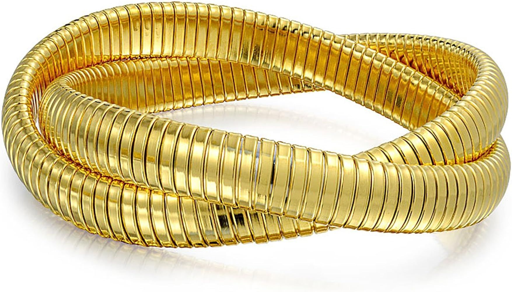 Bling Jewelry Fashion Omega Cobra Wide Bangle 2 Interlocking Stretch Bracelet for Women Polished ... | Amazon (US)