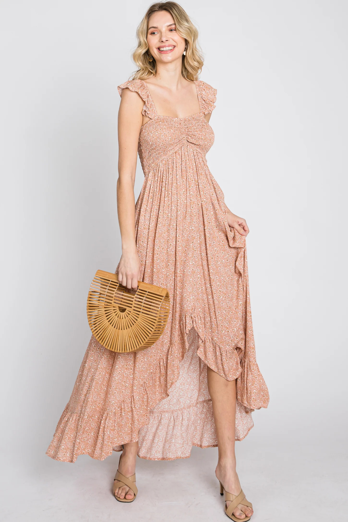Peach Floral Smocked Hi-Low Maxi Dress | PinkBlush Maternity