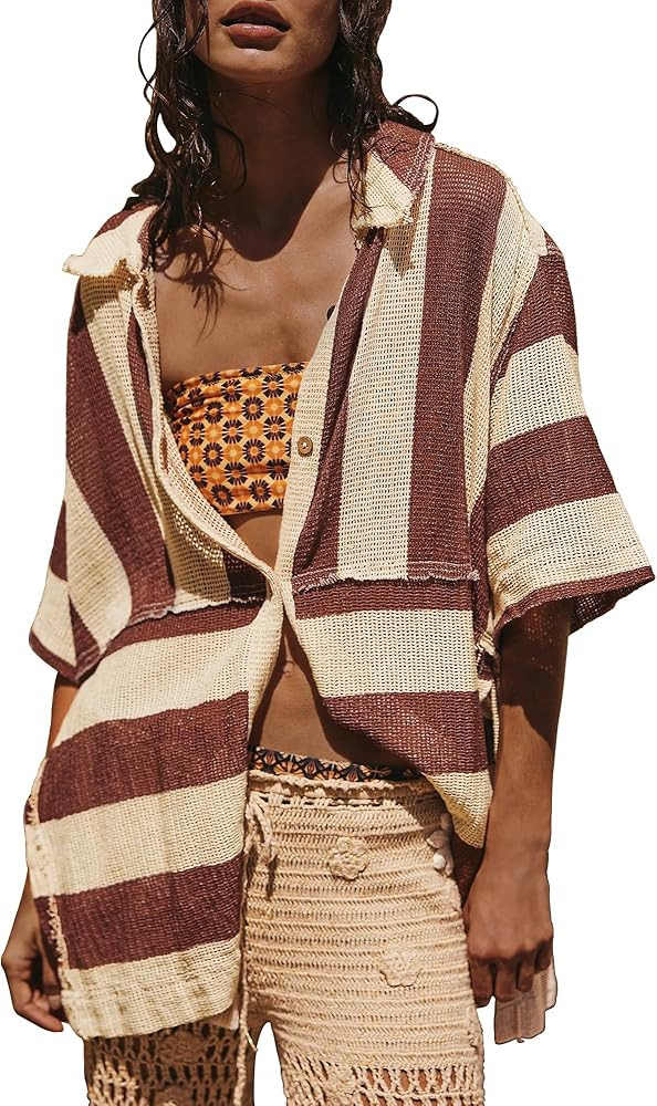 Gacaky Women's Lightweight Button Down Shirt 2025 Summer Swimsuit Crochet Swim Cover Up Beach Shi... | Amazon (US)