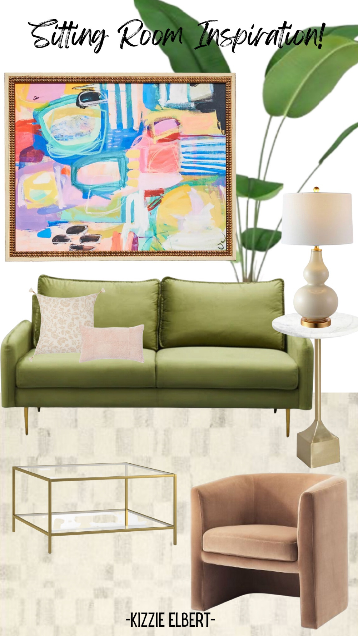 Sitting room or living room, inspiration! Chartreuse, velvet couch, gold tables, framed art, Brown velvet chair, checkered neutral area rug, tall faux plant! 

#LTKhome #LTKunder100 #LTKSeasonal