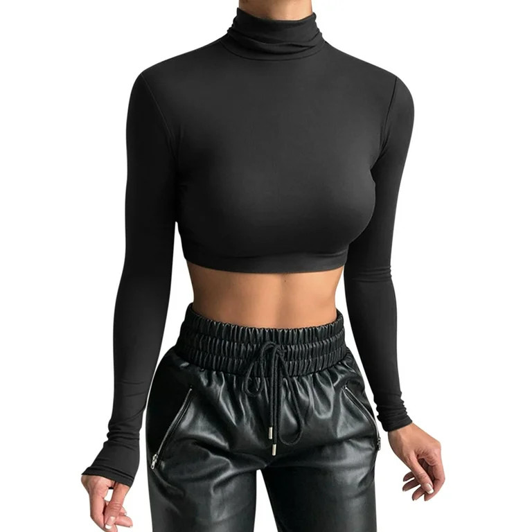 Outfmvch crop tops for women Long Sleeve Crop Turtleneck Cropped Shirt womens tops crop tops Blac... | Walmart (US)