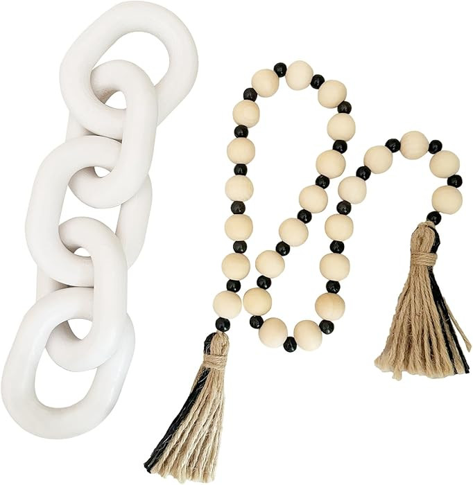 2 piezas decorativas de cadena de madera de 5 eslabones y cuentas, estilo bohemio de granja rúst... | Amazon (US)