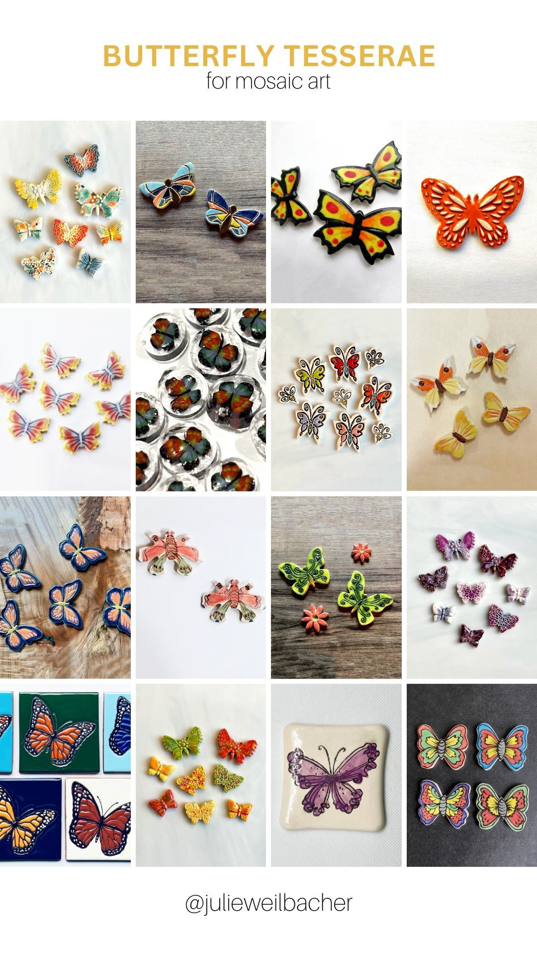 Sharing butterfly tesserae to use in your crafts, mosaic art, and home renovation projects. 🦋 This collection includes handmade ceramic tile and glass murrini. 🦋 For mosaic tips, tutorials, inspiration, and so much more please visit my YouTube channel: YouTube.com/julieweilbacher. Follow @julieweilbacher on Instagram for all things mosaic art. butterfly - mosaic - tile crafts - butterfly tile - artistic tile - mosaic art - mosaic tile - ceramic

#LTKFindsUnder50 #LTKHome