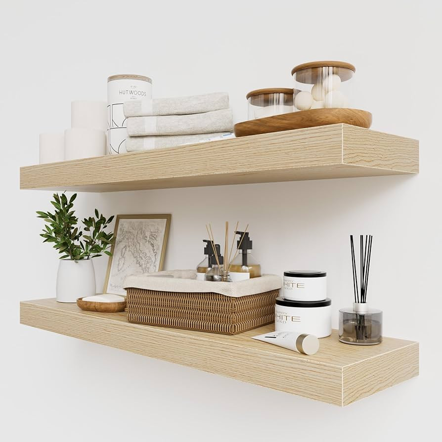 White Oak Floating Shelves, 2-Piece Wood Floating Shelves for Wall, 24W x 8D x 2 Inch Thick Bathr... | Amazon (US)