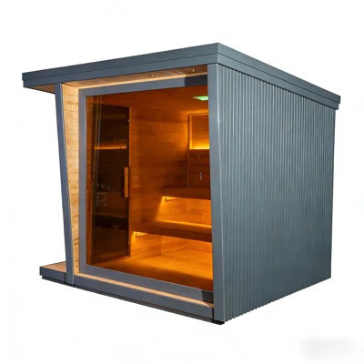 6-Person Traditional Steam Sauna For Outdoor Use, Carbonized Spruce Wood Cabin With Tinted Glass Door, Square Roof And All-Side Aluminum Tile Cladding | Wayfair North America