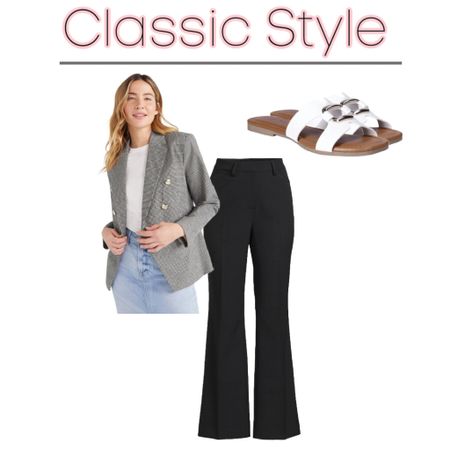 Classic style. Scoop women’s high waisted bootcut trousers, blazer, racer back high neck tank top. Slide sandals. 
#ltkpetite 
Affordable style 
Walmart fashionn


#LTKfindsunder50 #LTKMostLoved #LTKover40