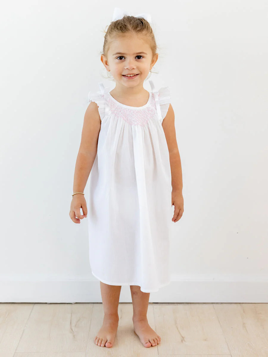 Mathilde White Cotton Dress, Pink Smocking | Jacaranda Living