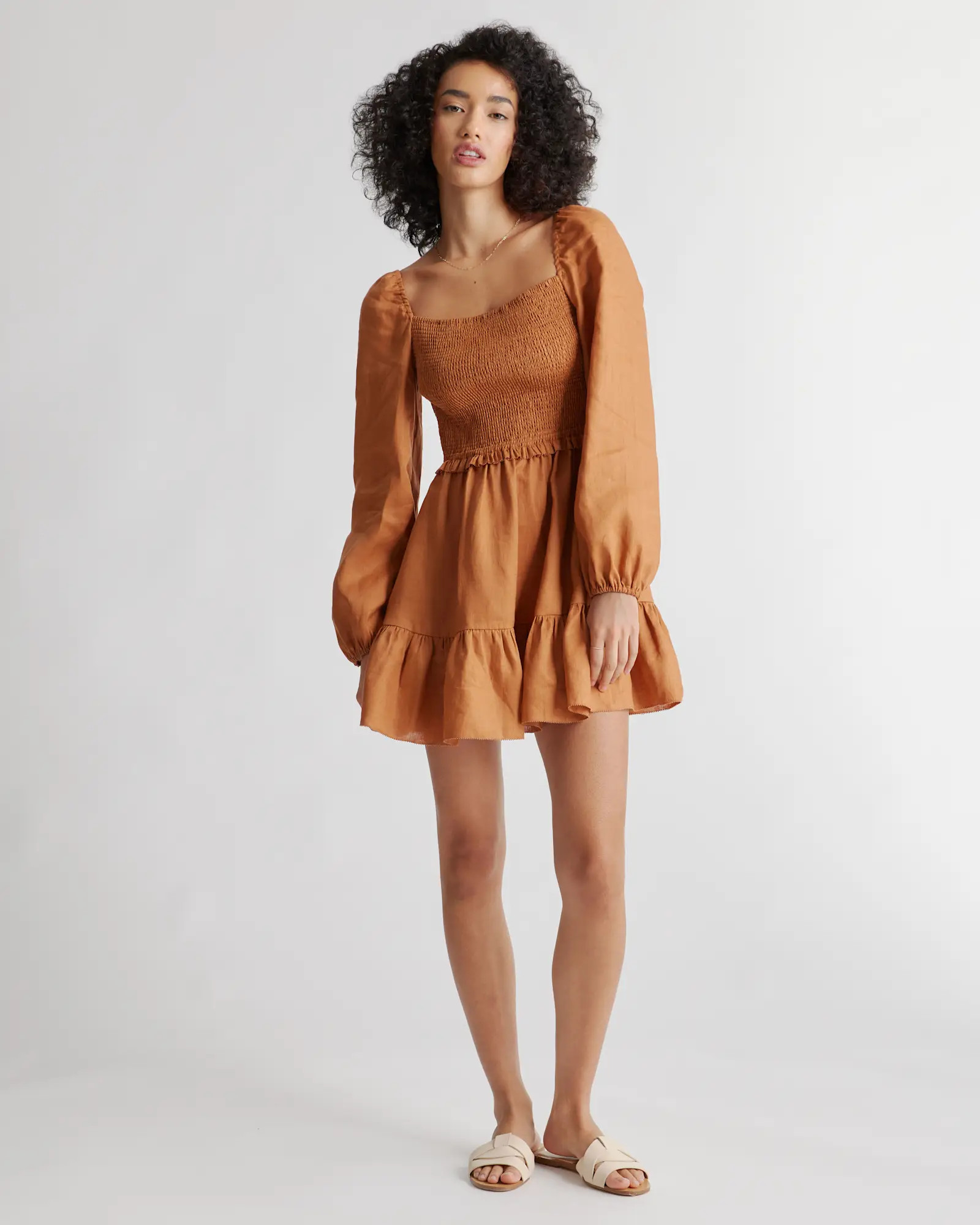 100% European Linen Smocked Mini Dress in Terracotta | Quince