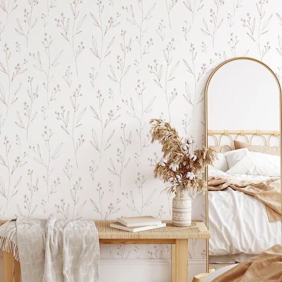 Minimal Floral Wallpaper. Color: Beige. Peel and Stick | Etsy | Etsy (US)