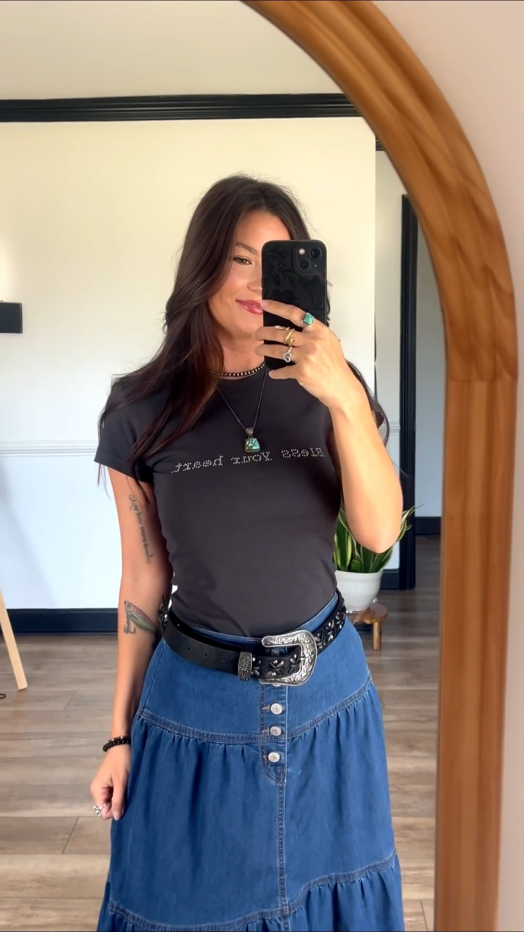 Tiered denim maxi skirt paired with fitted graphic tee with rhinestone detail! Belt is old so added similar 

#LTKSeasonal #LTKPetite #LTKootd