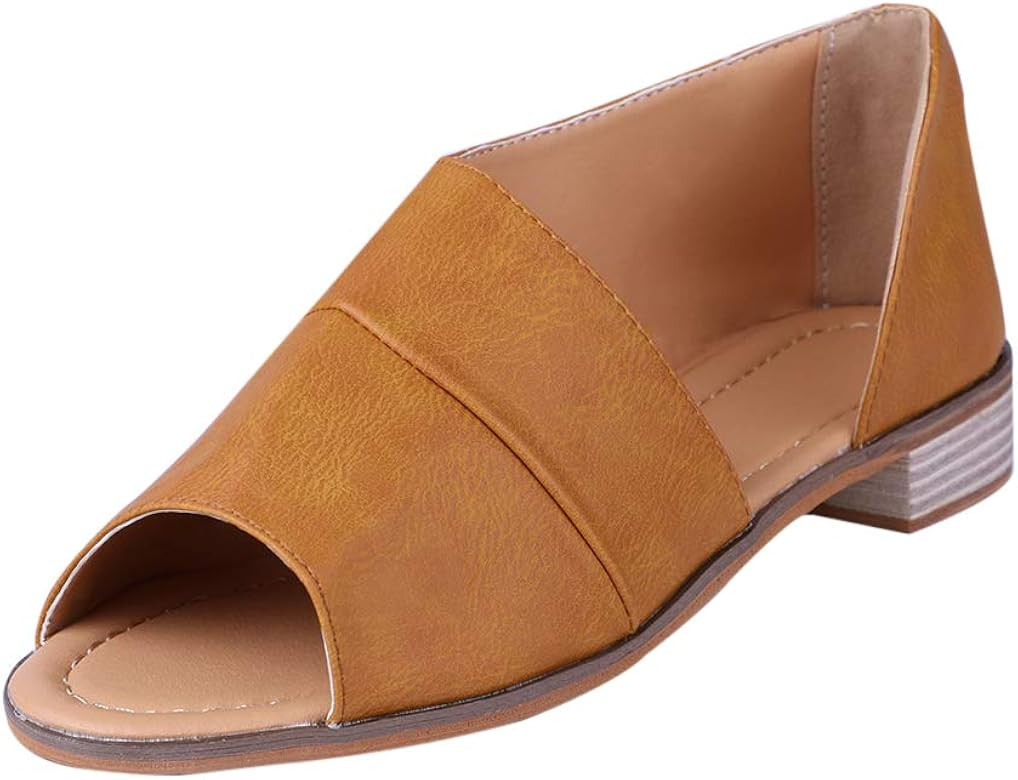 Womens Open Toe Slip On Side Cut Out Flat Sandals Faux Leather Casual Low Heel Loafer Shoes,Cut O... | Amazon (UK)