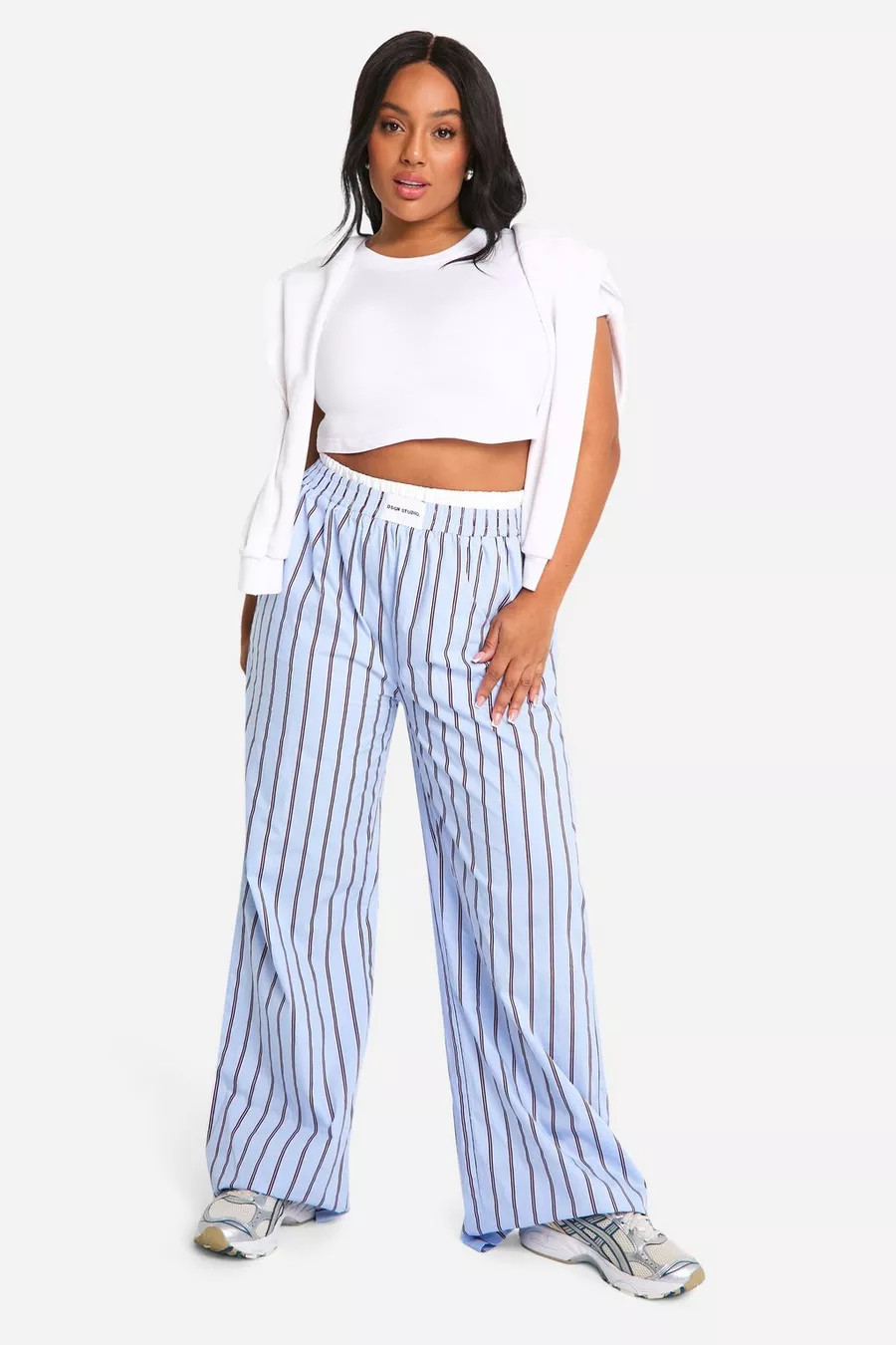Plus Contrast Waistband Stripe Wide Leg Trouser | Boohoo.com (UK & IE)
