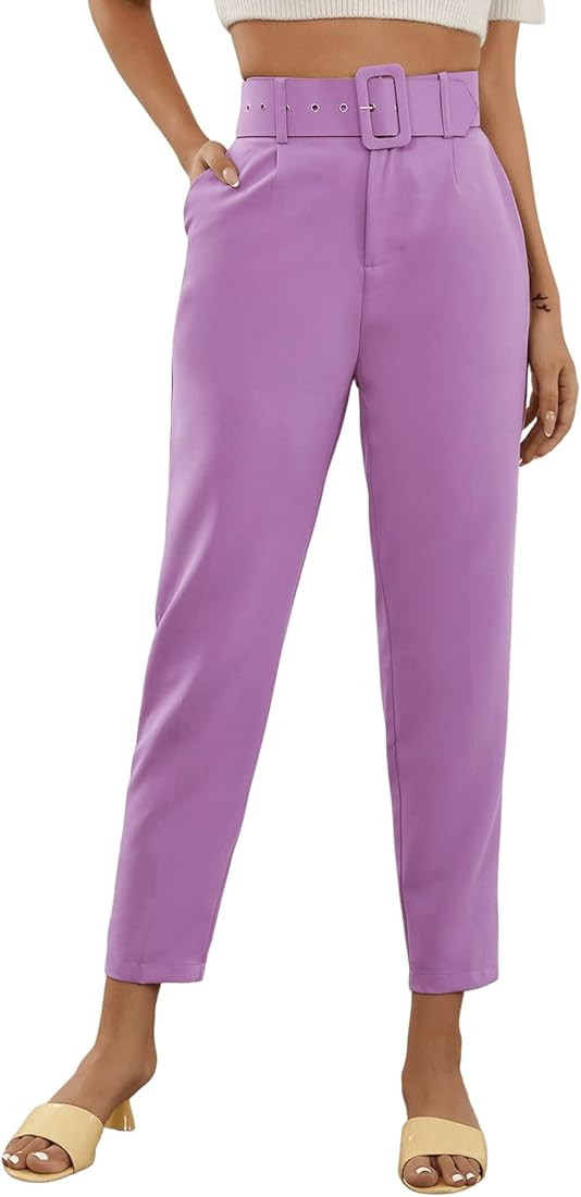 SweatyRocks Women's High Waist Suit Pants Belted Crop Pencil Pants with Pockets | Amazon (US)