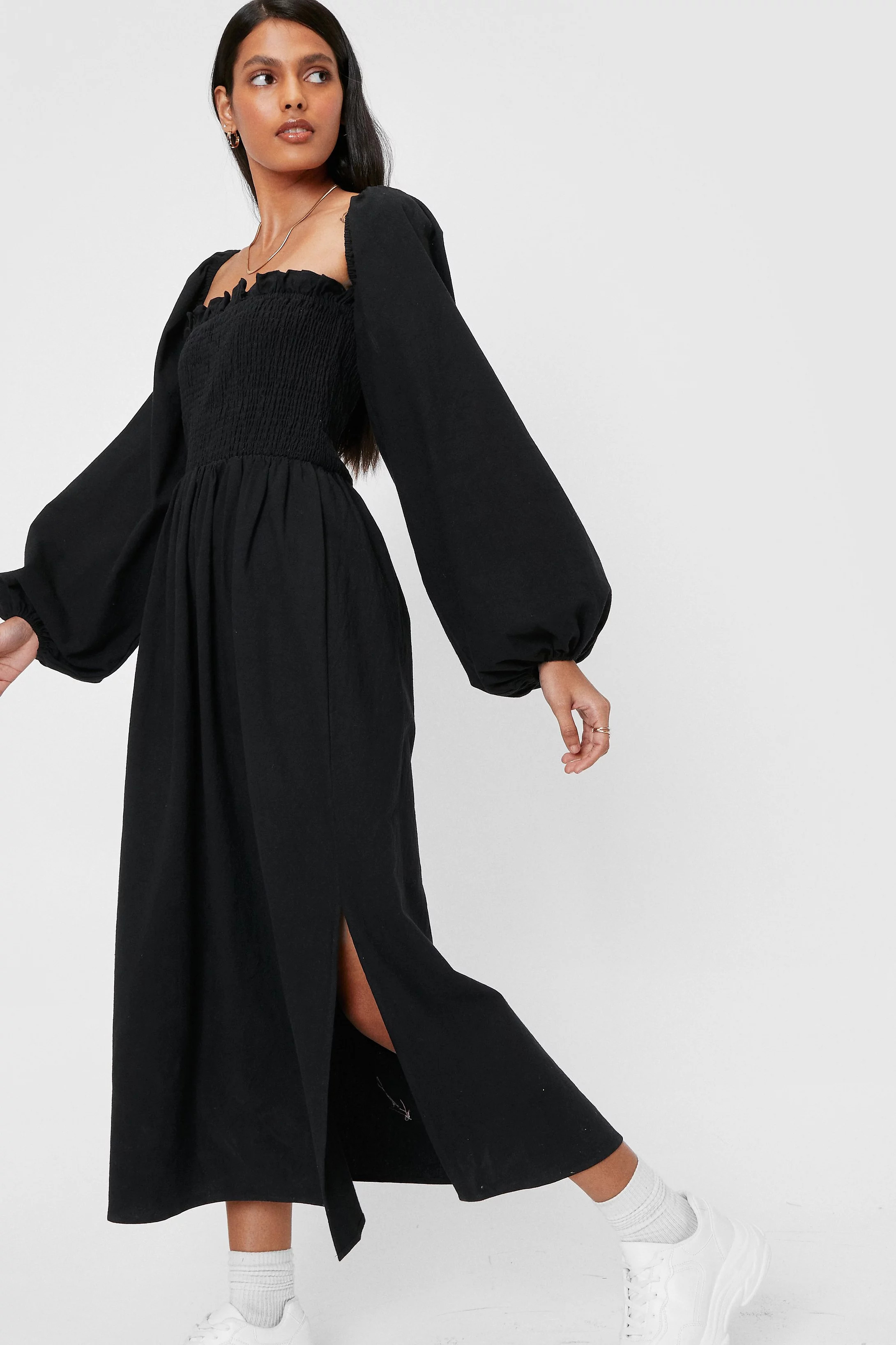 Puff Sleeve Linen Look Midi Smock Dress | Nasty Gal (US)