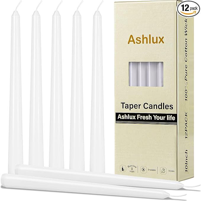 Ashlux 12 Pack Taper Candles White Candlesticks 10 Inch[True Dripless][8 Hours Long Burn] Candle ... | Amazon (US)
