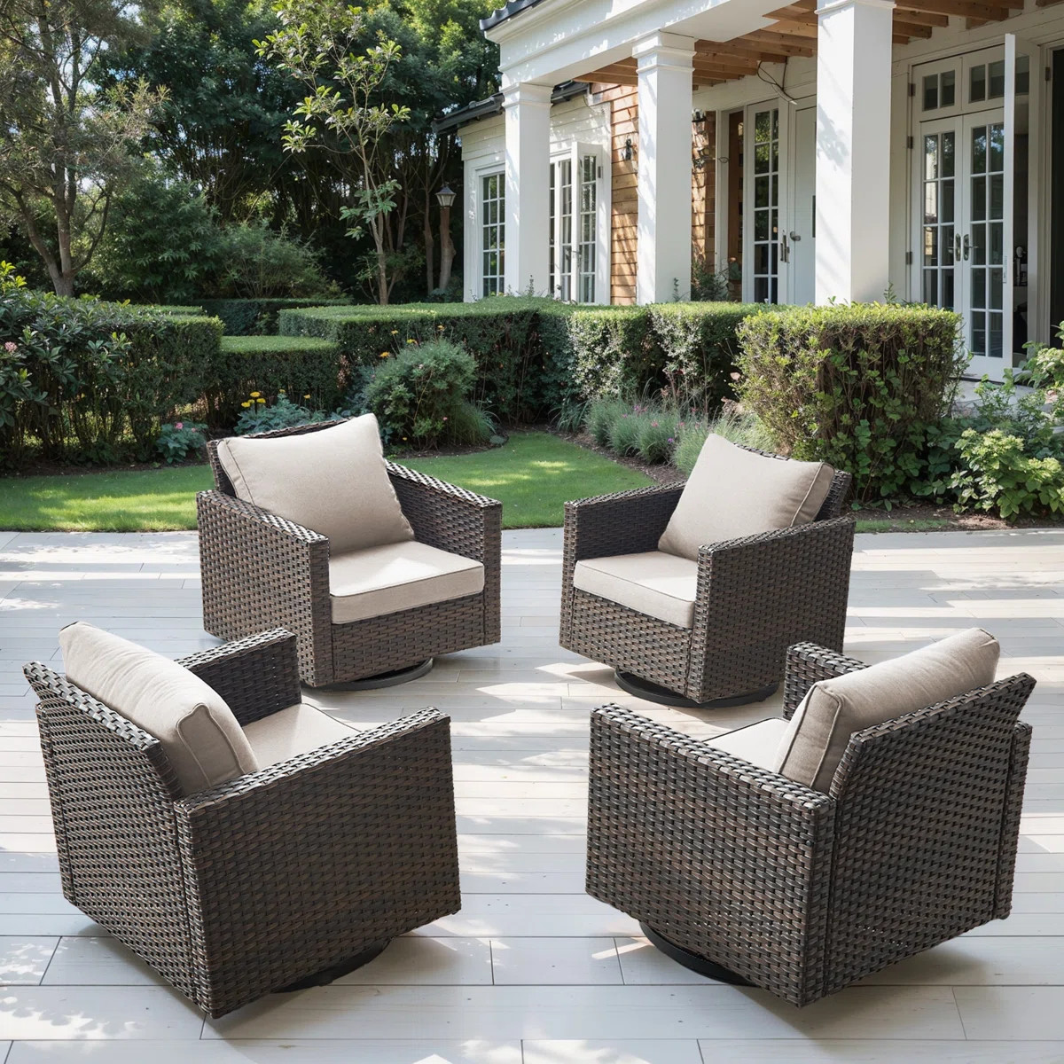 Ingvald Swivel Rocking Patio Wicker Chairs with Cushions (Set of 4) | Wayfair North America