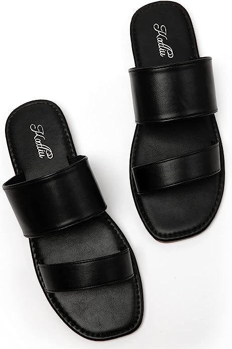 Katliu Women's Flat Sandals Two Strap Slide Sandals Open Toe | Amazon (US)