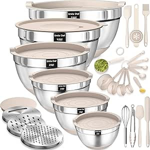 Mixing Bowls with Airtight Lids Set, 26PCS Stainless Steel Khaki Bowls with Grater Attachments, N... | Amazon (US)