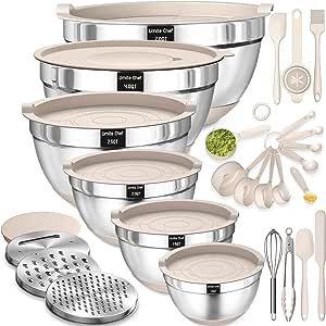 Mixing Bowls with Airtight Lids Set, 26PCS Stainless Steel Khaki Bowls with Grater Attachments, N... | Amazon (US)