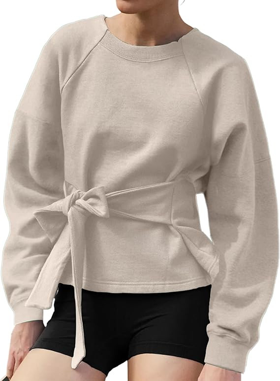 Zhiyouni Women's Long Sleeves Shirt Tops Casual 2025 Fall Fashion Crewneck Tie Knot Sweatshirt Pu... | Amazon (US)