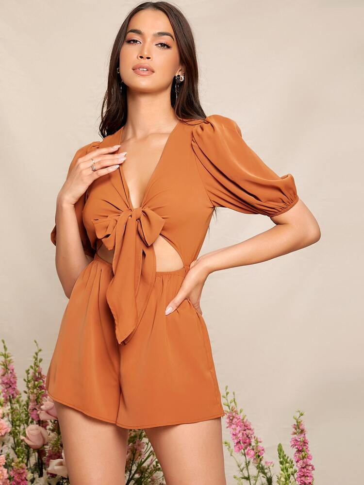 SHEIN Puff Sleeve Peekaboo Tie Front Romper | SHEIN