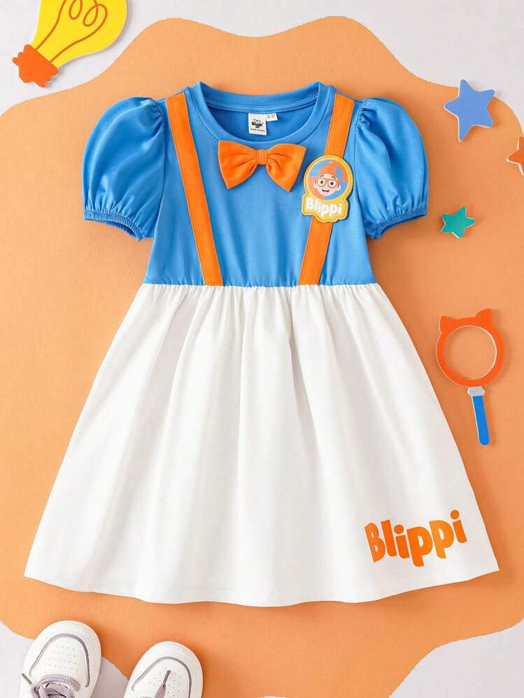 Blippi X SHEIN Young Girl Cute Cartoon Character Emblem Color Contrast Suspender Bowknot Puff Sleeve Dress | SHEIN