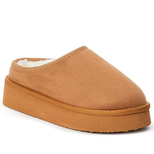 JustFab Women's Fuzzy Cozy Slippers Genuine Suede Indoor Outdoor Fluffy Home Comfy Winter Cute Warm Memory Foam Furry Shoes Hailey (Brown,9) | Amazon (US)