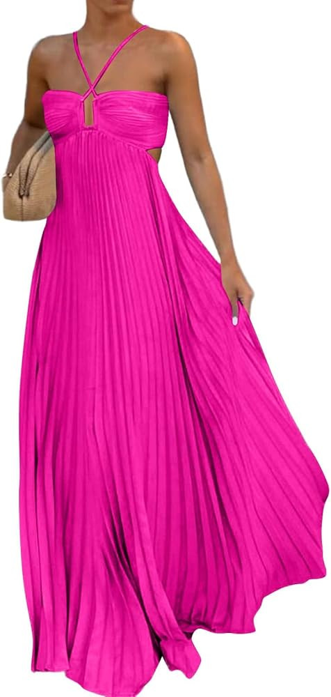 Halter Dresses for Women Cross V Neck Cut Out Maxi Dress Summer Backless A-Line Pleated Halter Lo... | Amazon (US)