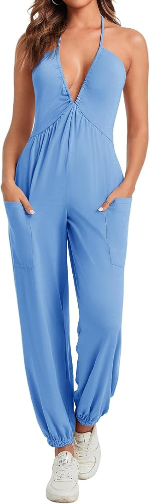 Cicy Bell Women's Sexy Halter Jumpsuits Casual Deep V Nevk Beach Jogger Long Pants Rompers | Amazon (US)