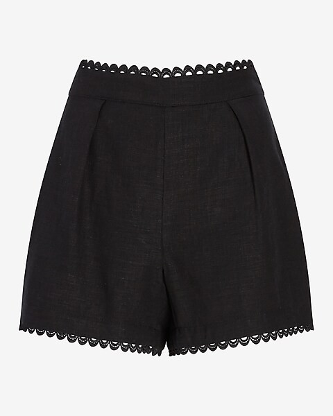 High Waisted Linen-Blend Eyelet Trim Shorts | Express