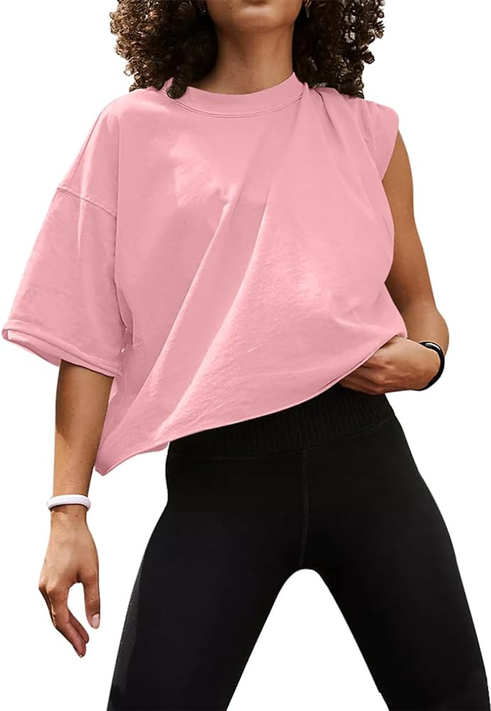 UEU Women's Workout Gym Athletic Boyfriend Half Short Sleeve Crop Tops Casual Loose Oversized T-S... | Amazon (US)