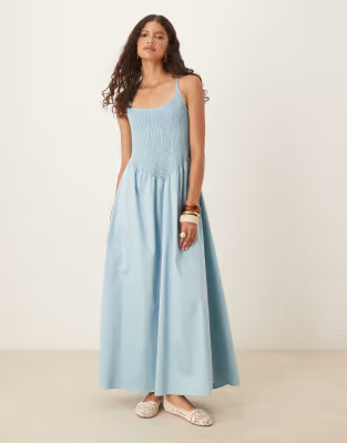 ASOS DESIGN scoop neck crinkle maxi dress with cross back in steel blue | ASOS | ASOS (Global)