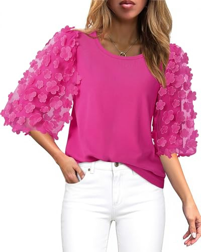 Women Blouses Summe Casual Crew Neck Cotton Tshirts 3/4 Puff Sleeve with Mesh Appliques Fall Tops... | Amazon (US)