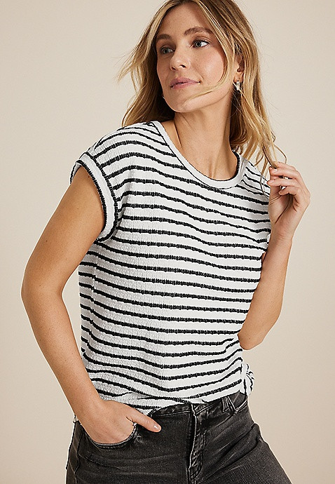 24/7 Clara Jacquard Striped Short Sleeve Tee | Maurices