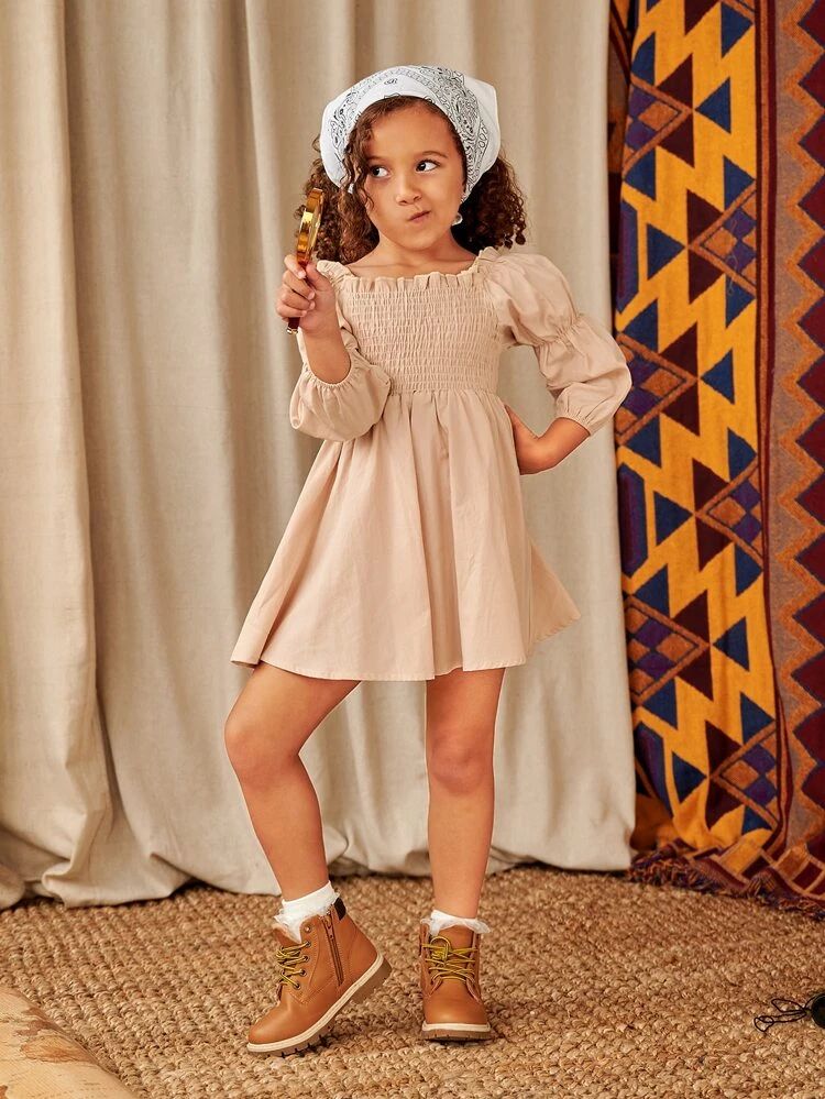 Toddler Girls Square Neck Bishop Sleeve Shirred A-line Dress | SHEIN