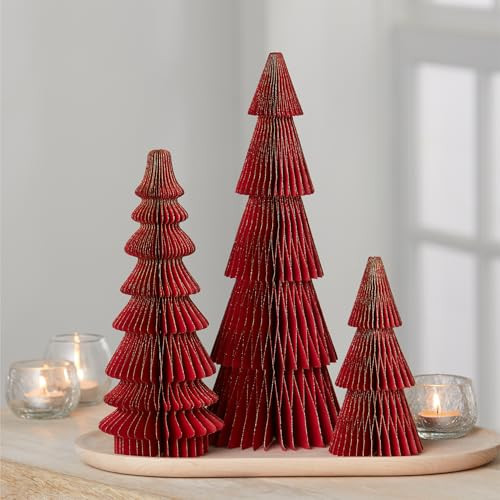 Honeycomb paper tree set of 3, traditional candy cane red trees, 6 1/2" - 13" tall, Christmas mantel decor, holiday festive charm, red and gold accent, nostalgic paper (Set 3 Red) | Amazon (US)