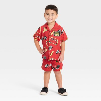 Toddler Boys' 2pc Disney Cars Lightning McQueen Gauze Short Sleeve Button-Down Shirt & Shorts Set - Red 12M | Target