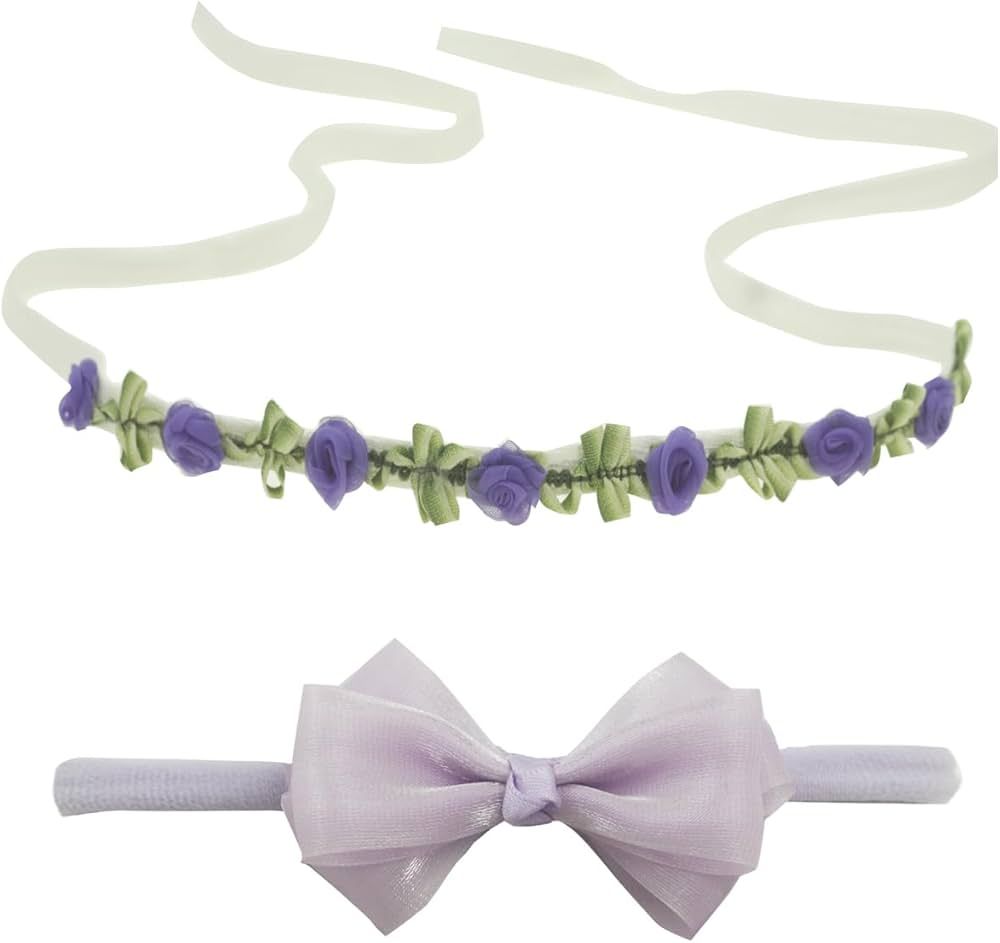 Nihao Baby Purple Flower Tieback Headband Flower Crown and Purple Soft Bow Set for Newborn Girl | Amazon (US)
