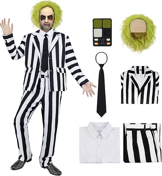 7 Pcs Horror Movie Costume Men Black and White Striped Suit Adult Horror Comedy Character Cosplay... | Amazon (US)