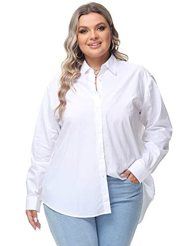 MCEDAR Women's Oversized Button Down Shirts Casual Plus Size Boyfriend Shirt Long Sleeve Striped Blouse White10001-3X | Amazon (US)